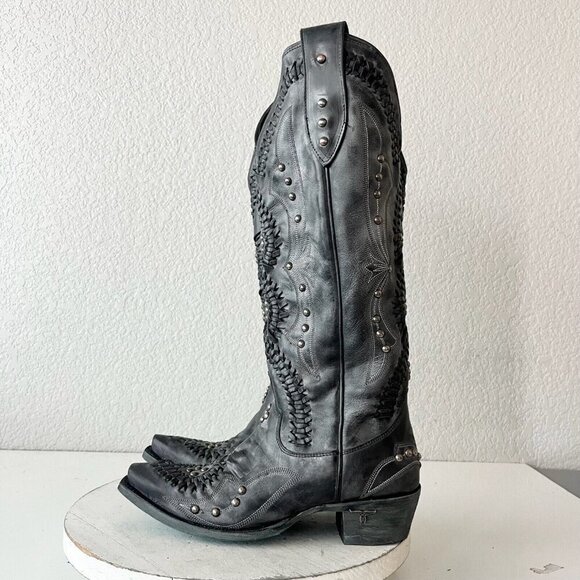 Lane COSSETTE Womens Cowboy Boots 6 Black Leather Western Cowgirl 15" Tall - Picture 4 of 12